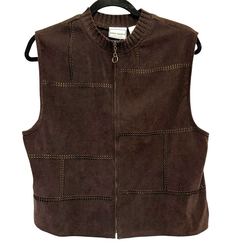 Napa‎ Valley Petite Faux Suede Vest Brown Zip Front Vintage Western PM